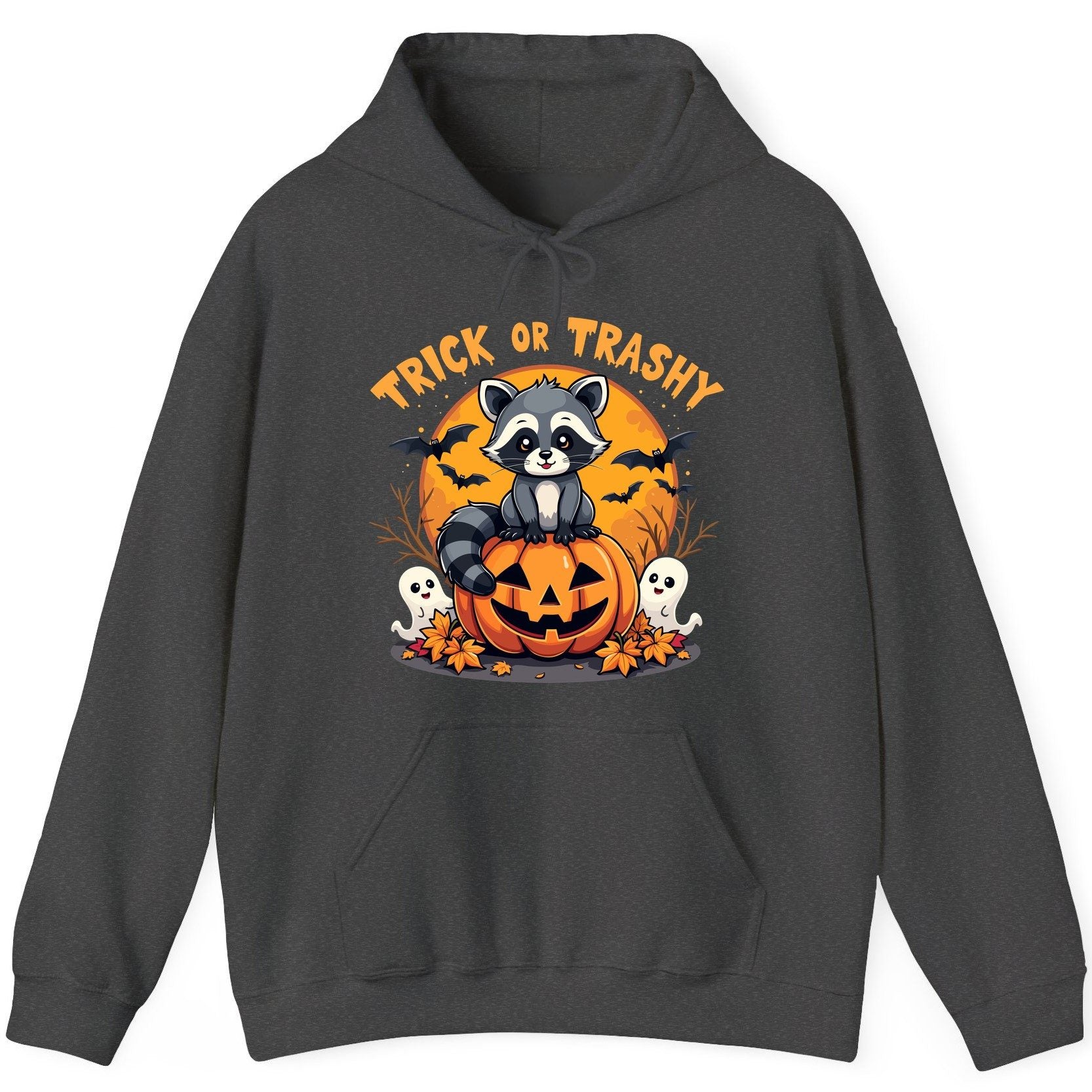 Trick or Trashy raccoon Hoodie Dark Heather product mockup