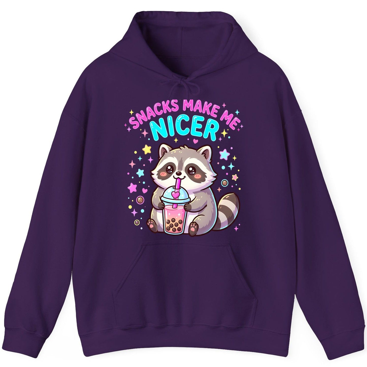 SNACKS MAKE ME NICER Funny Raccoon Hoodie - product mockup - Purple