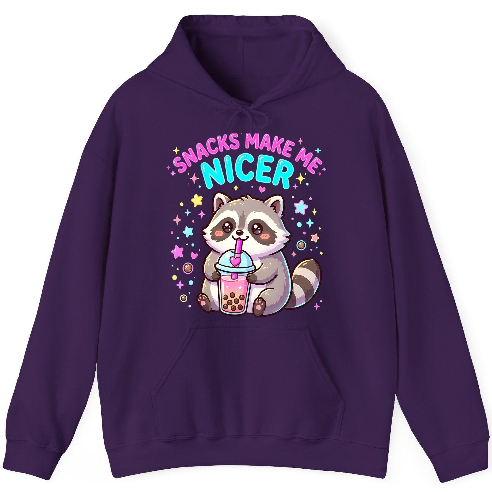 SNACKS MAKE ME NICER Funny Raccoon Hoodie - product mockup - Purple