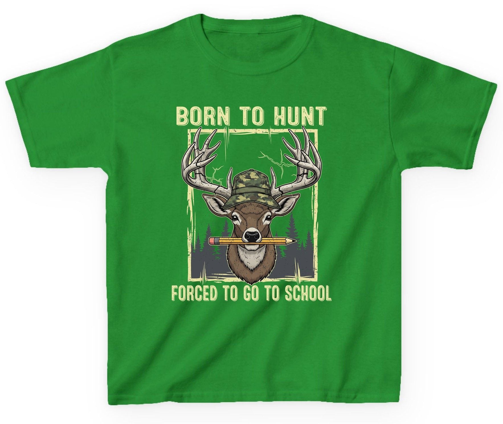 Born to Hunt Forced to Go to School hunting Youth T-Shirt Irish Green product mockup
