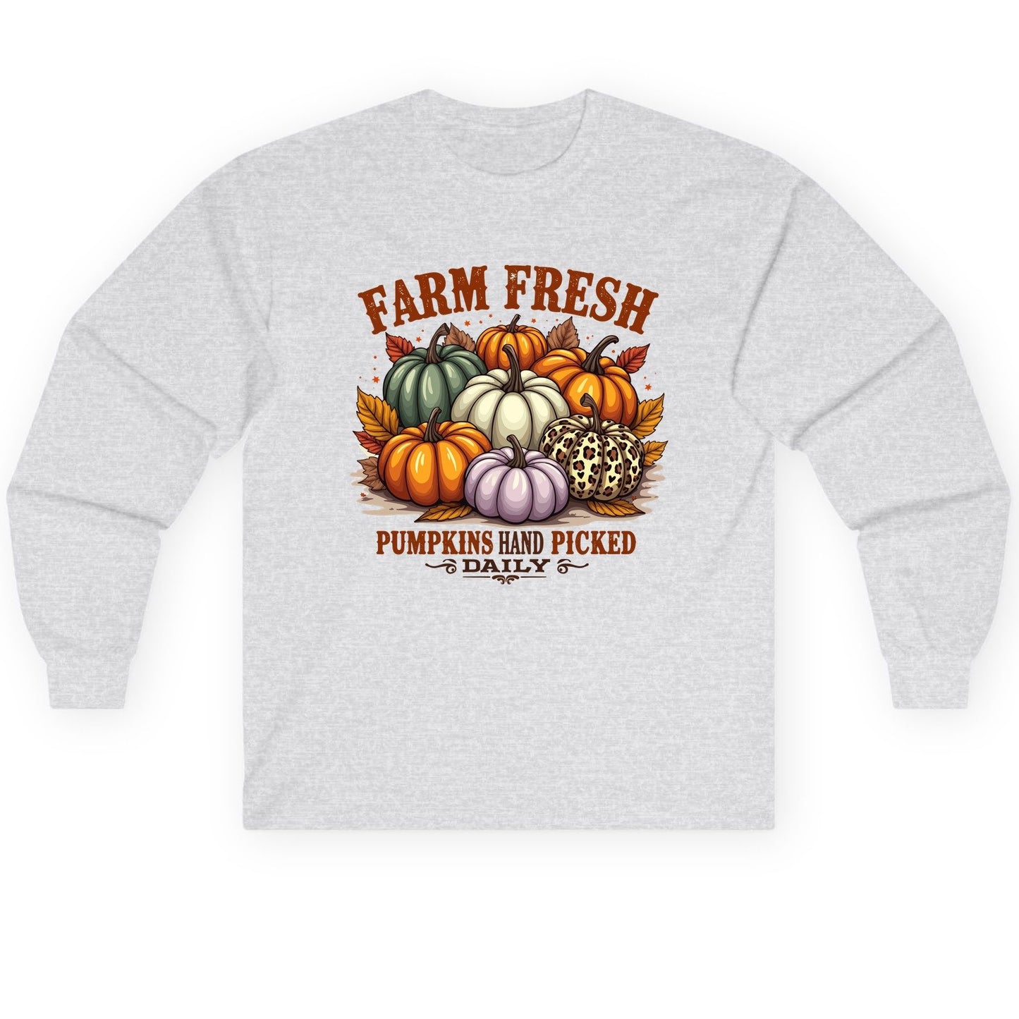 Farm Fresh Pumpkins Hand Picked Daily autumn pumpkins Long Sleeve Tee Ash product mockup