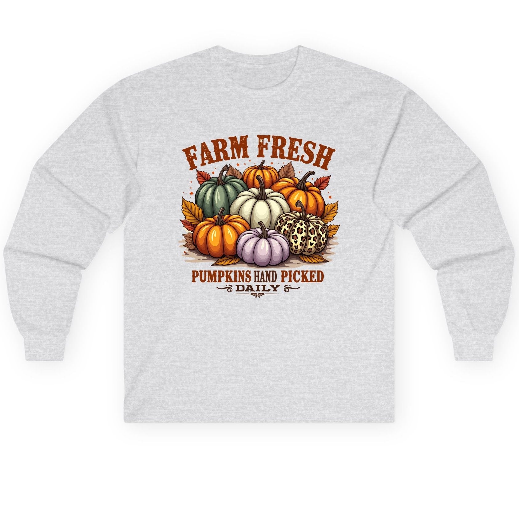Farm Fresh Pumpkins Hand Picked Daily autumn pumpkins Long Sleeve Tee Ash product mockup