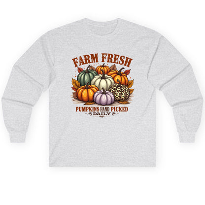 Farm Fresh Pumpkins Hand Picked Daily autumn pumpkins Long Sleeve Tee Ash product mockup