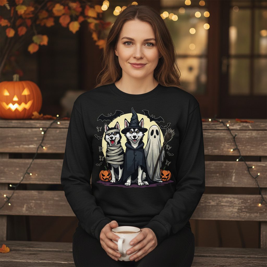Halloween Huskies in Costumes Halloween huskies Long Sleeve Tee Black lifestyle mockup