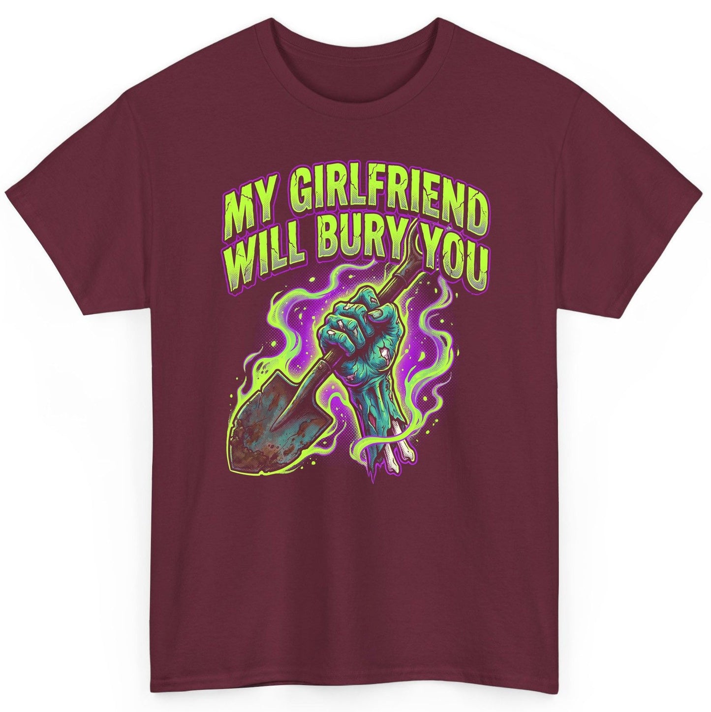 My Girlfriend Will Bury You zombie T-Shirt Maroon product mockup
