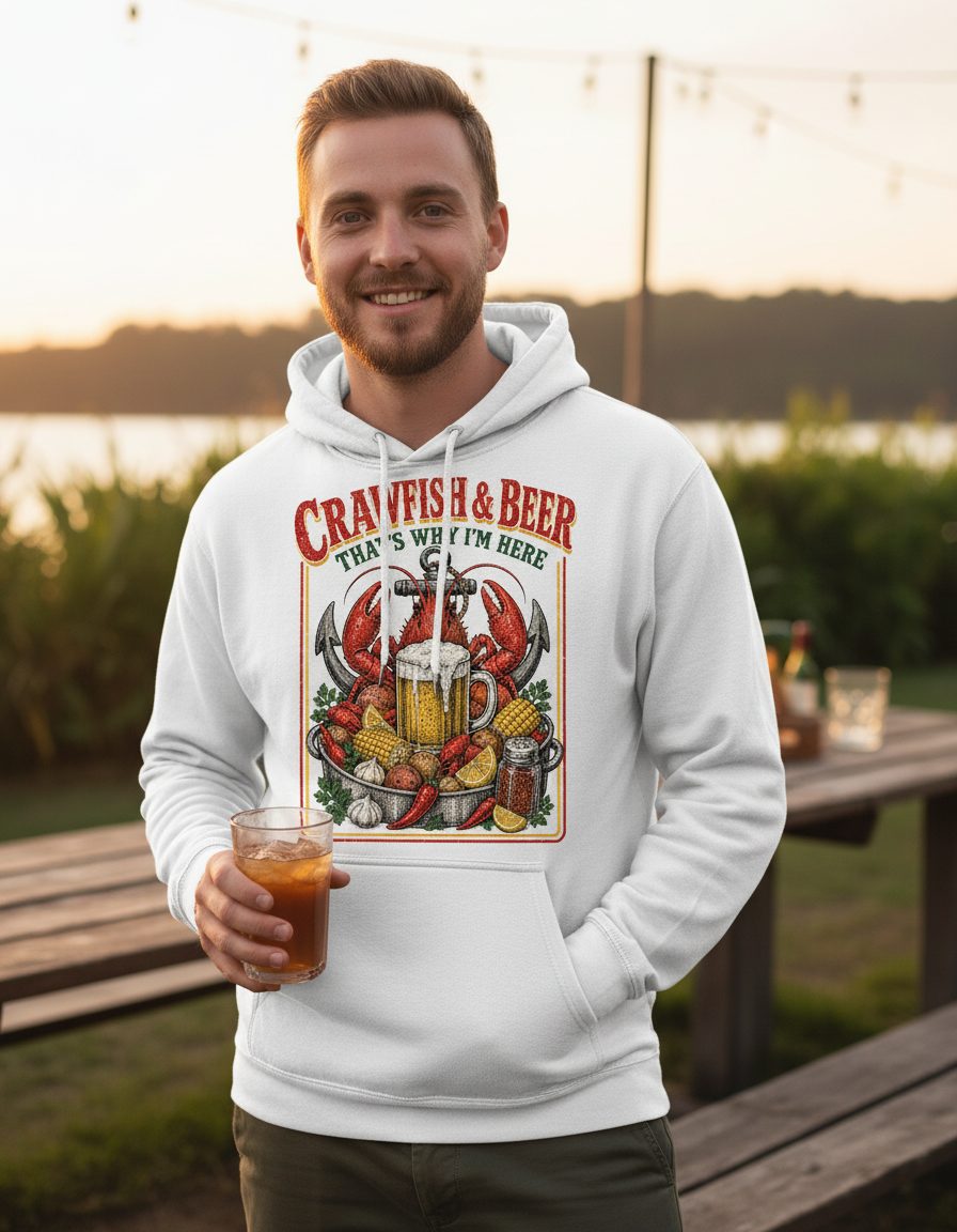 Crawfish & Beer That's Why I'm Here Retro Boil Hoodie - lifestyle model mockup - White