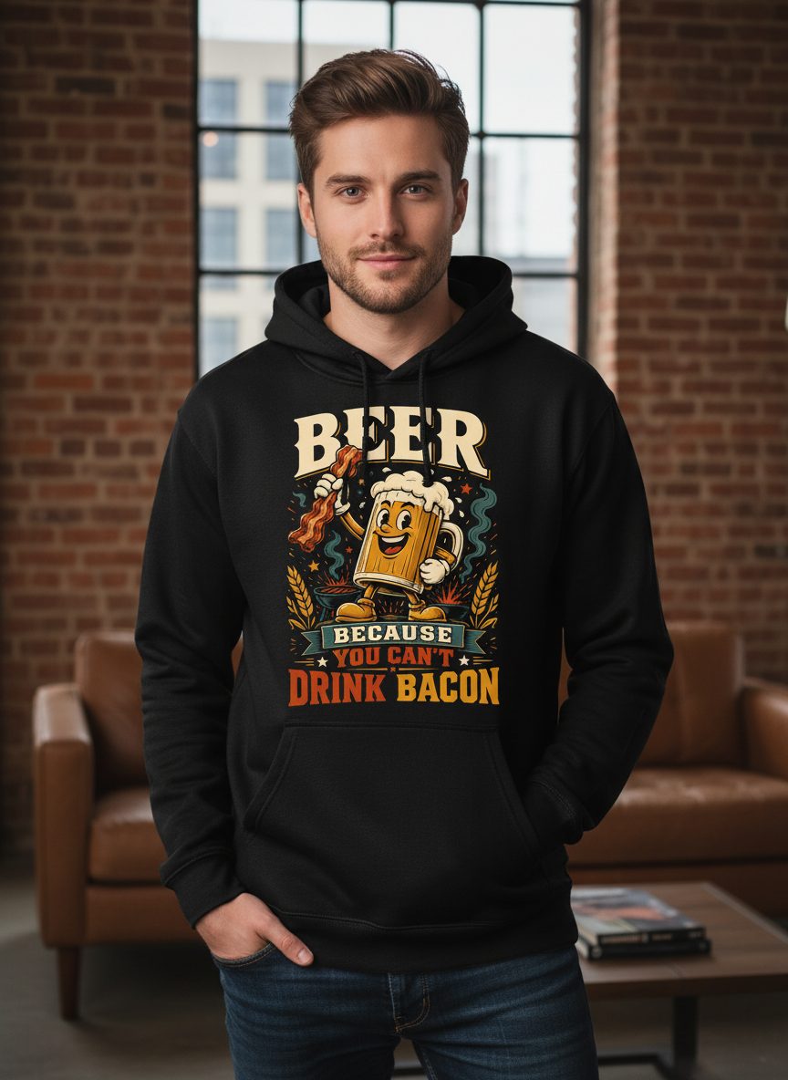 Cant Drink Bacon Beer Funny And Hoodie - lifestyle model mockup - Black