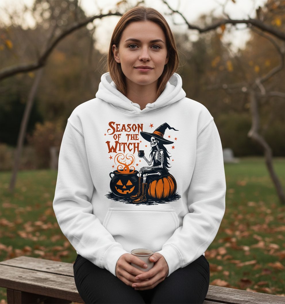 Season of the Witch skeleton witch Hoodie White lifestyle mockup