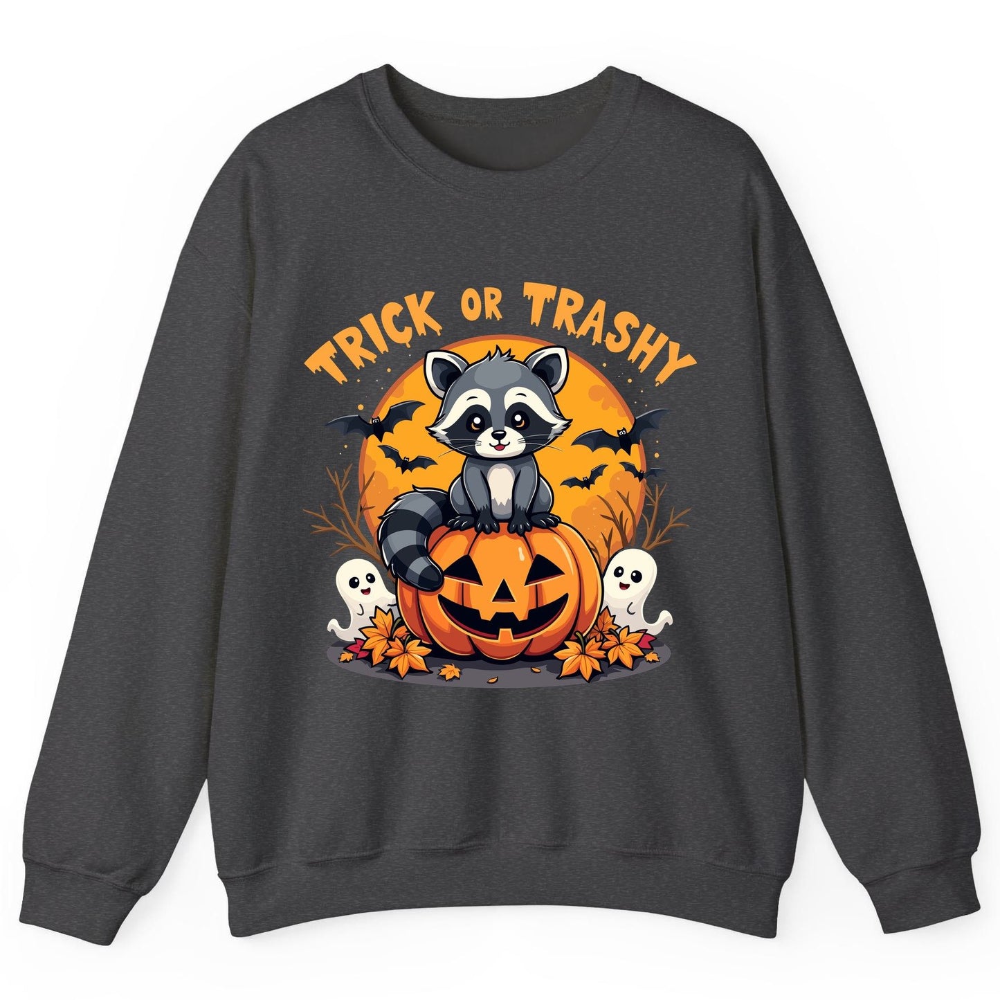 Trick or Trashy raccoon Sweatshirt Dark Heather product mockup