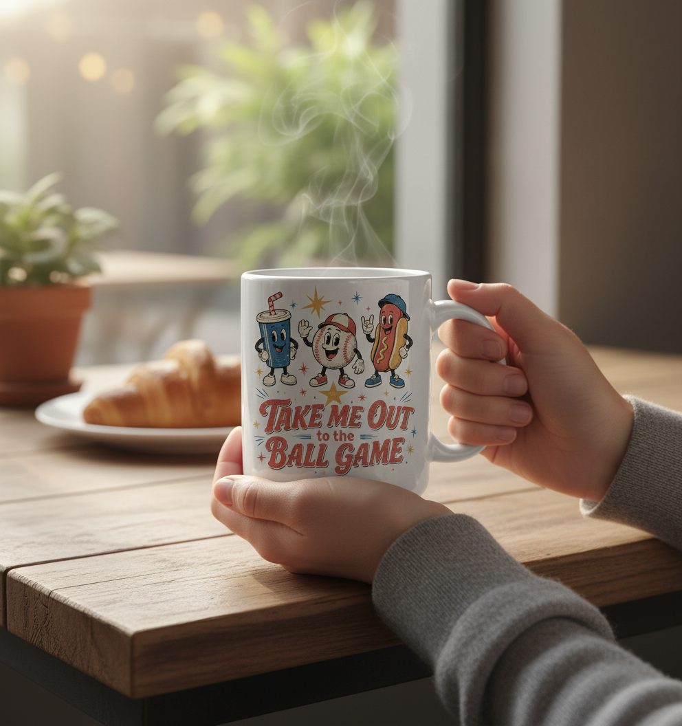Take Me Out to the Ball Game Retro Baseball White Mug - lifestyle model mockup - White