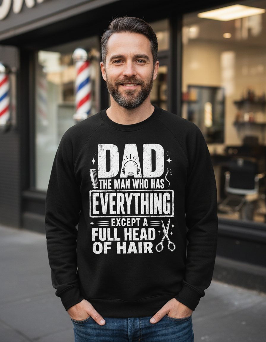 Dad the Man Who Has Everything Except a Full Head of Hair Funny Humor Sweatshirt - lifestyle model mockup - Black