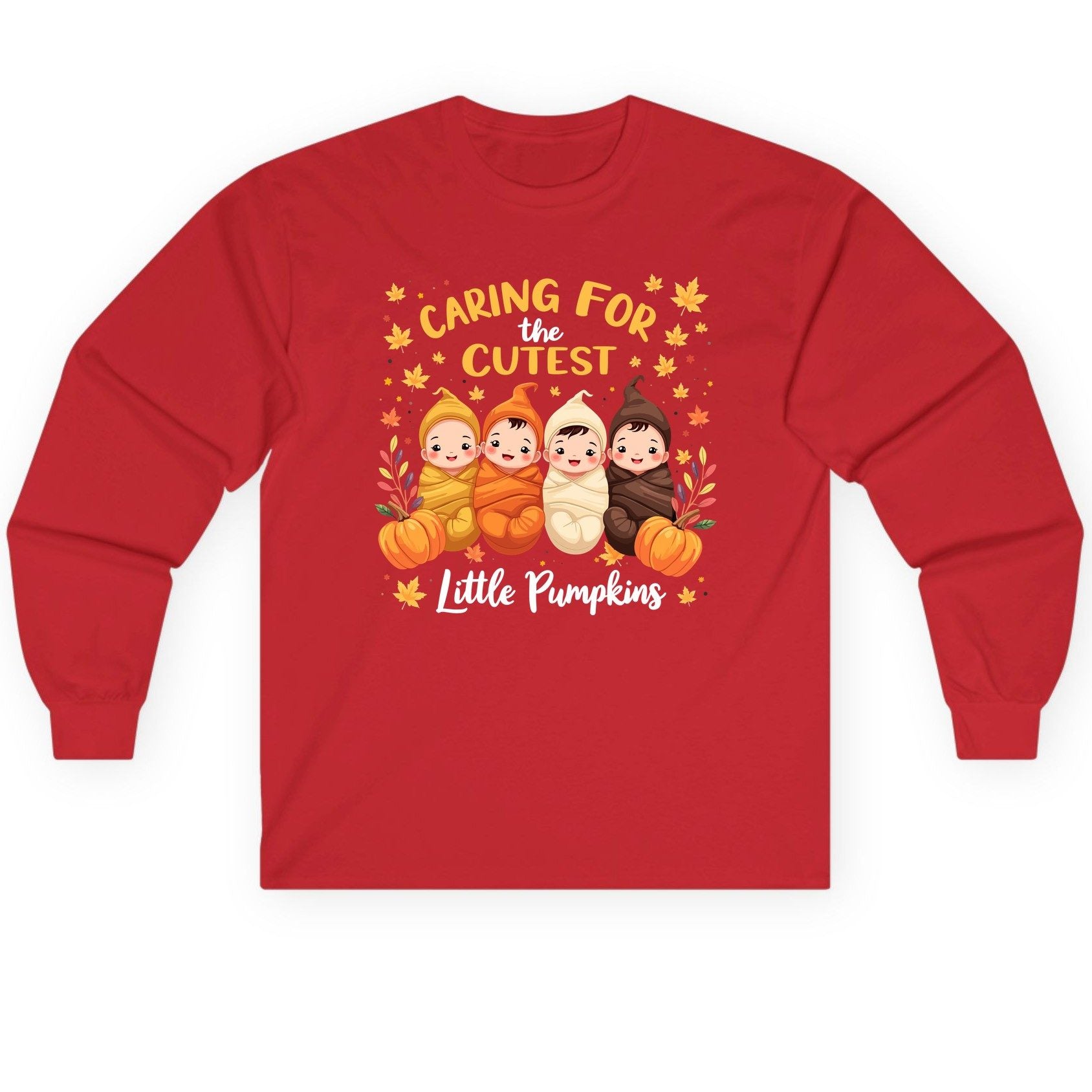 Caring for the Cutest Little Pumpkins swaddled babies Long Sleeve Tee Red product mockup