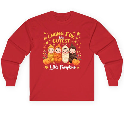 Caring for the Cutest Little Pumpkins swaddled babies Long Sleeve Tee Red product mockup