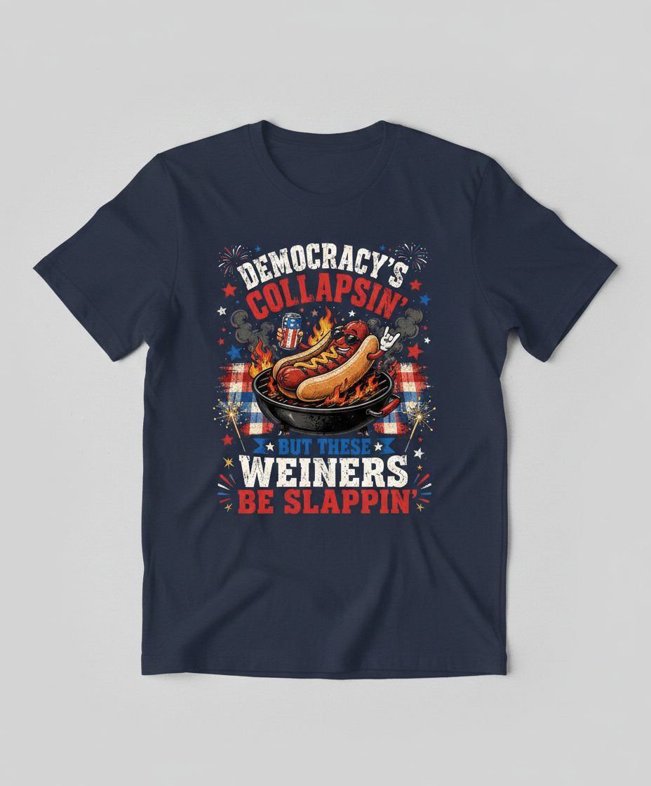 Democracy's Collapsin' but These Weiners Be Slappin' Funny 4th T-Shirt - product mockup - Navy