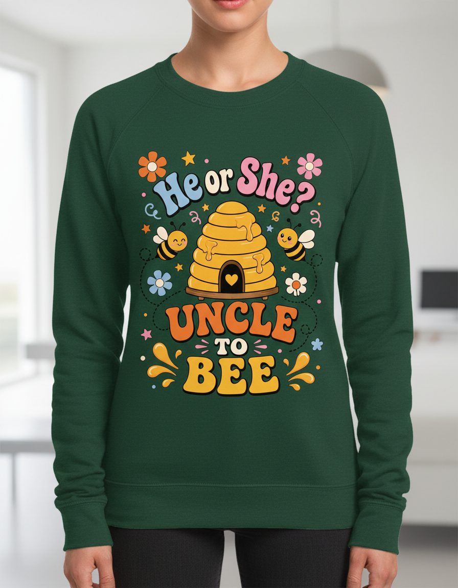 He or She Uncle to Bee Retro Gender Reveal Sweatshirt - product mockup - Forest Green