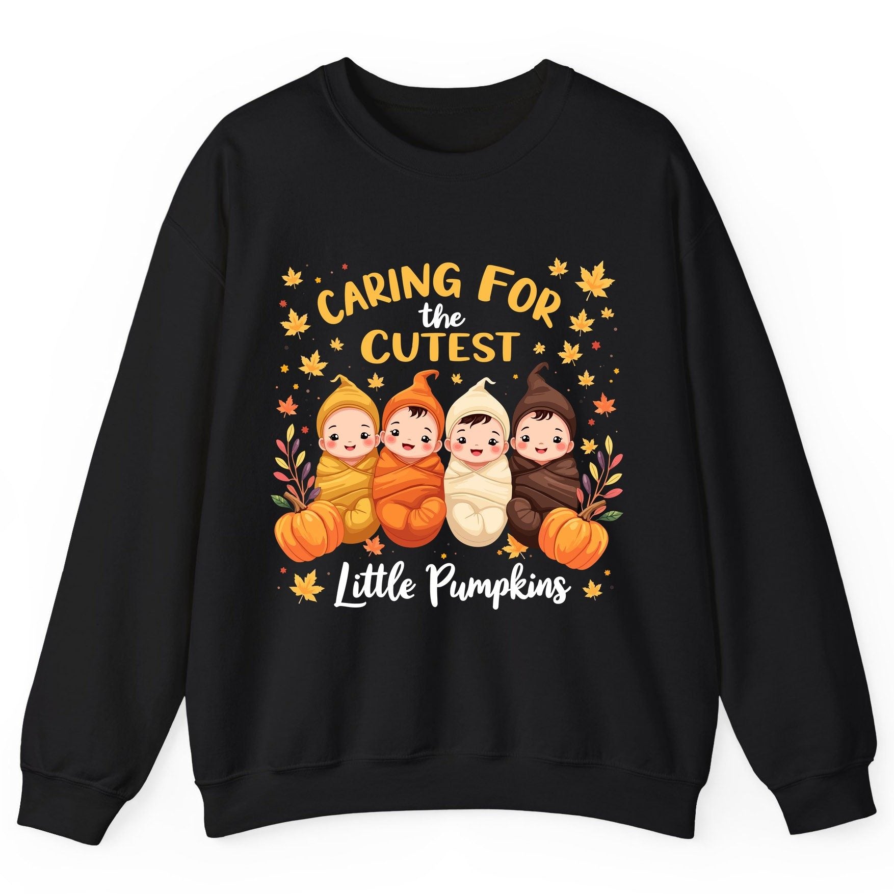 Caring for the Cutest Little Pumpkins swaddled babies Sweatshirt Black product mockup