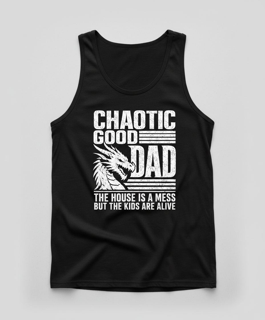 CHAOTIC GOOD DAD THE HOUSE IS A MESS BUT THE KIDS ARE ALIVE Funny Chaotic Good Dad Dragon Tank Top - product mockup - Black