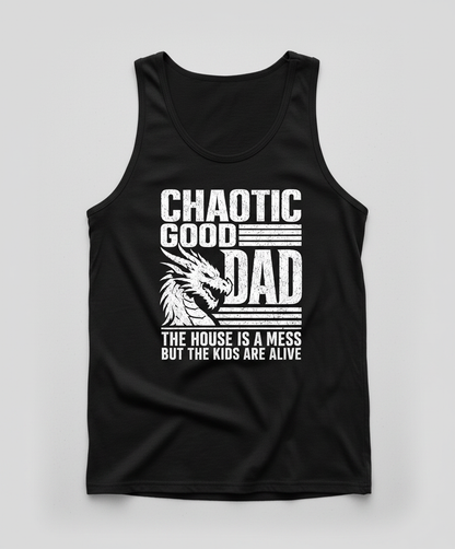 CHAOTIC GOOD DAD THE HOUSE IS A MESS BUT THE KIDS ARE ALIVE Funny Chaotic Good Dad Dragon Tank Top - product mockup - Black