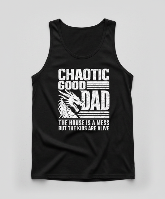 CHAOTIC GOOD DAD THE HOUSE IS A MESS BUT THE KIDS ARE ALIVE Funny Chaotic Good Dad Dragon Tank Top - product mockup - Black