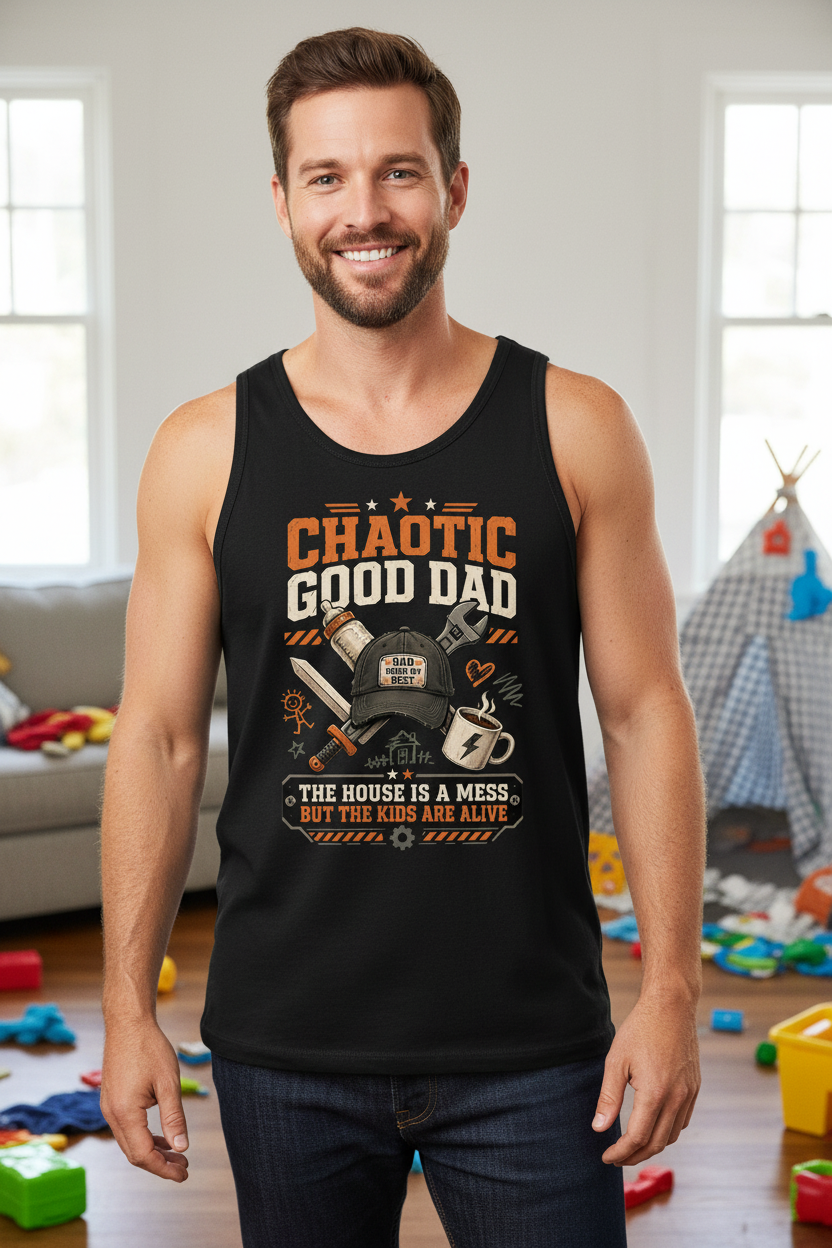 Chaotic Good Dad. The House Is A Mess But The Kids Are Alive. Funny Chaotic Good Dad Tank Top - lifestyle model mockup - Black