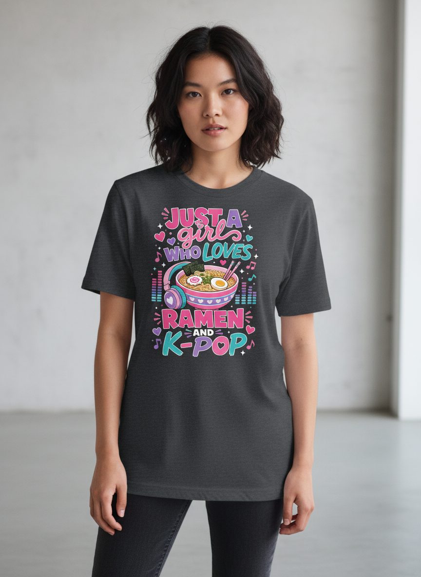 Just a Girl Who Loves Ramen and K-Pop and Ramen T-Shirt - product mockup - Dark Heather