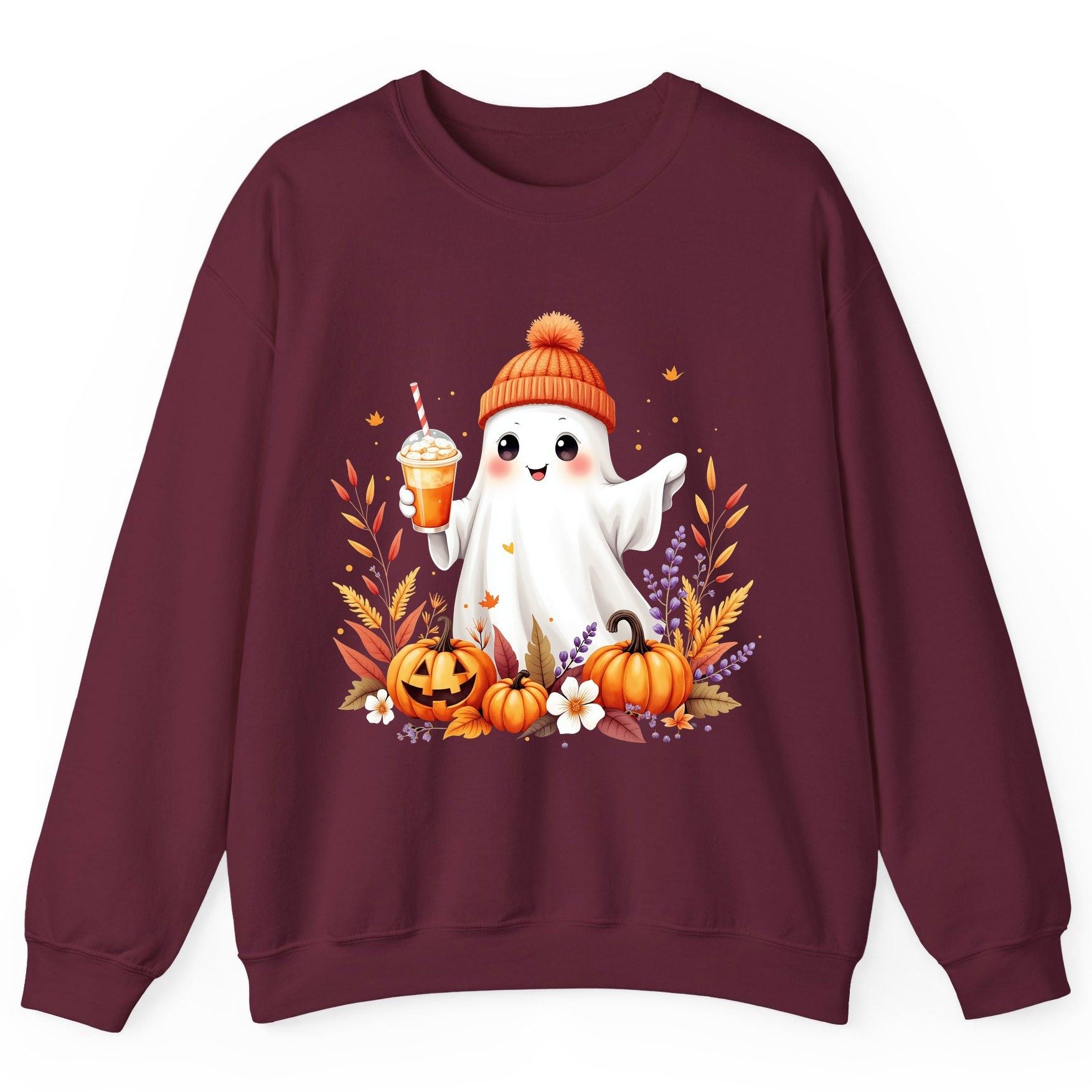 Cute Ghost Pumpkin Spice Latte cute Halloween ghost Sweatshirt Maroon product mockup