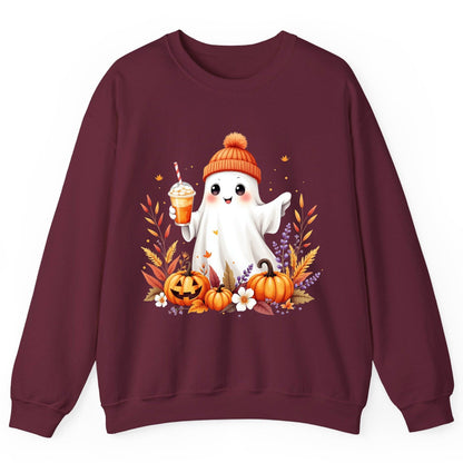 Cute Ghost Pumpkin Spice Latte cute Halloween ghost Sweatshirt Maroon product mockup