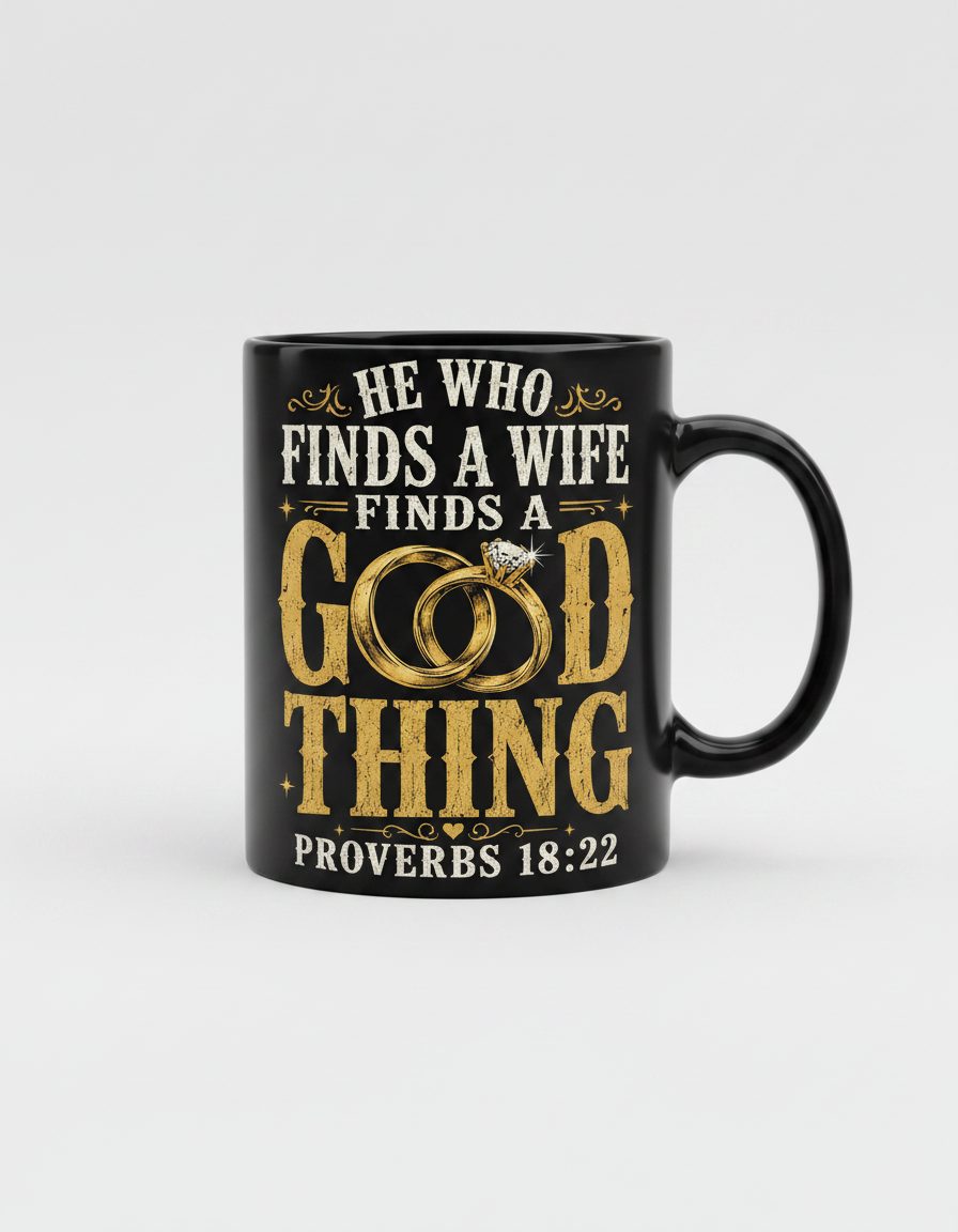He Who Finds a Wife Finds a Good Thing Proverbs 18 22 Black Mug - product mockup - Black