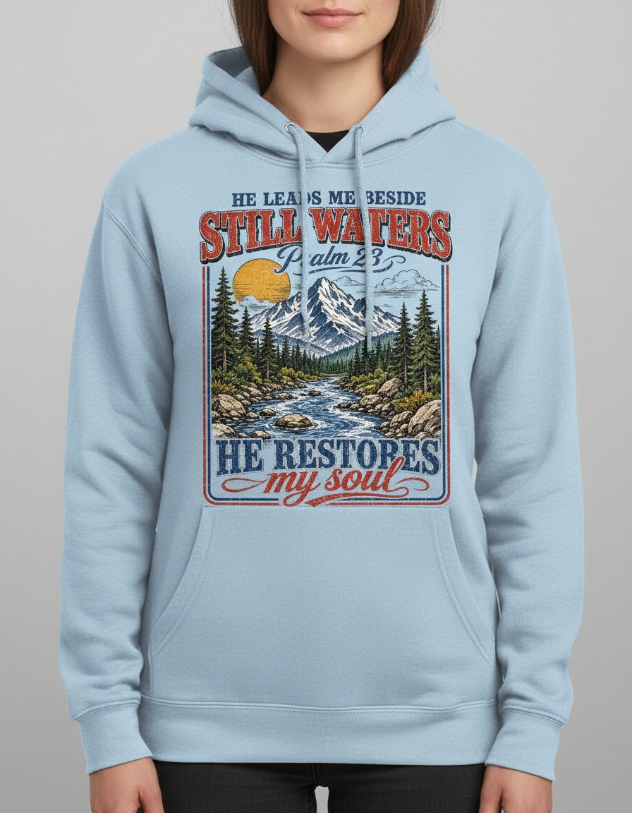 He Leads Me Beside Still Waters Psalm 23 He Restores My Soul Hoodie - product mockup - Light Blue