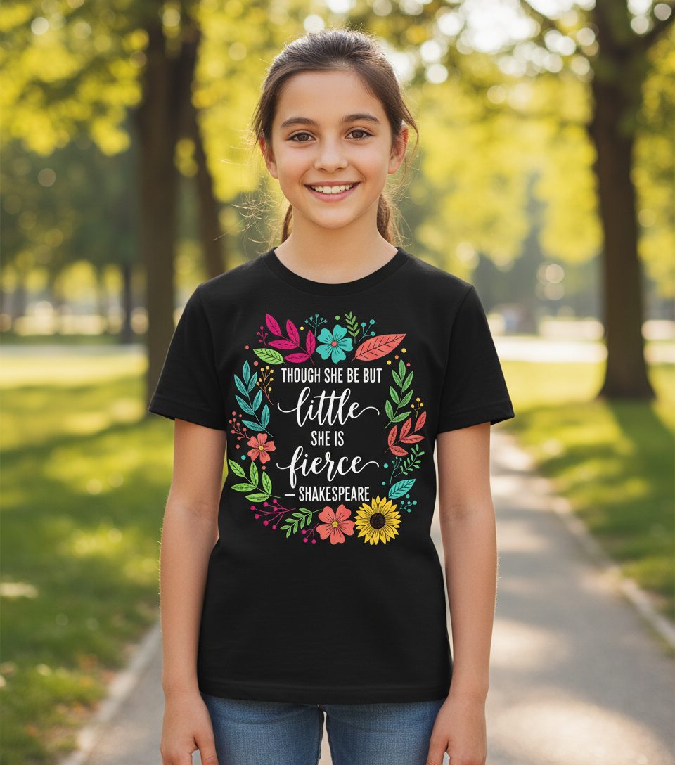 Though She Be but Little She Is Fierce - Shakespeare empowerment Youth T-Shirt Black lifestyle mockup