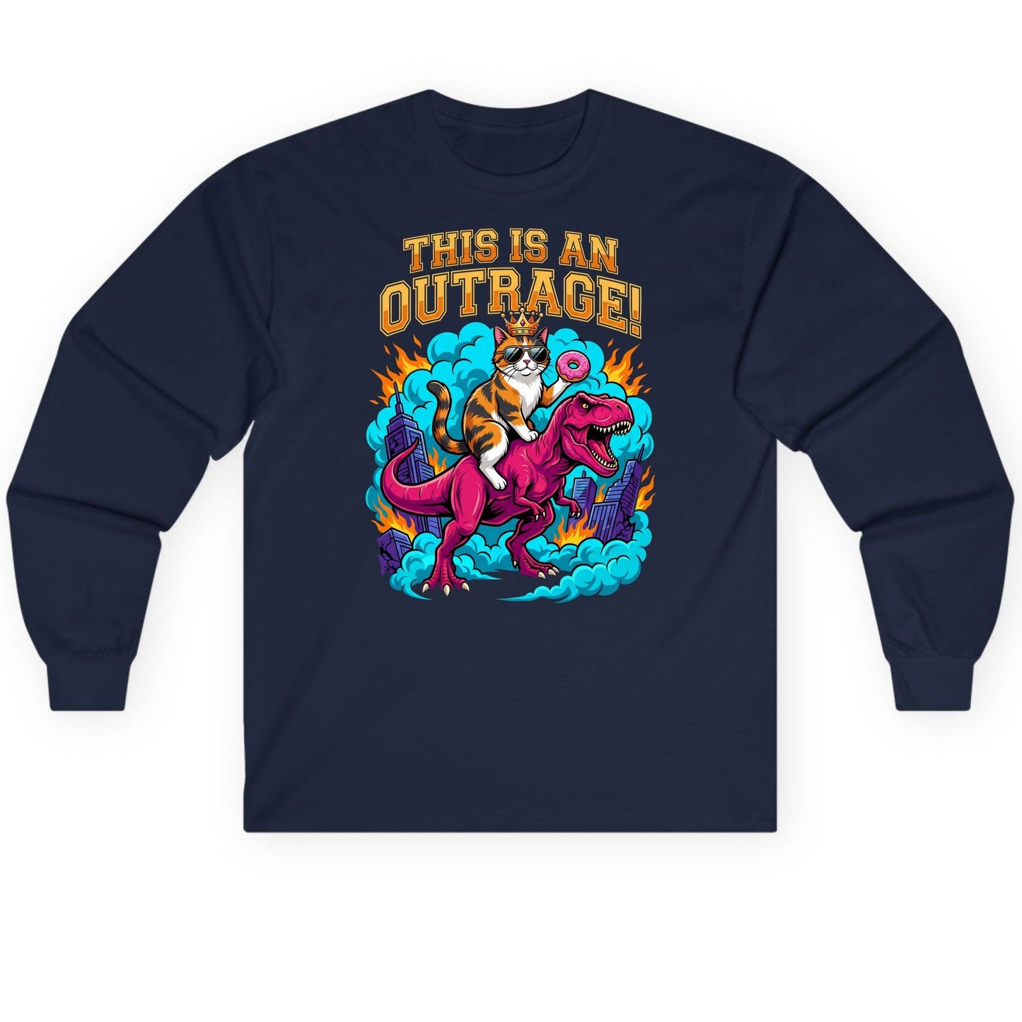 THIS IS AN OUTRAGE! Cat riding a T-Rex Long Sleeve Tee Navy product mockup