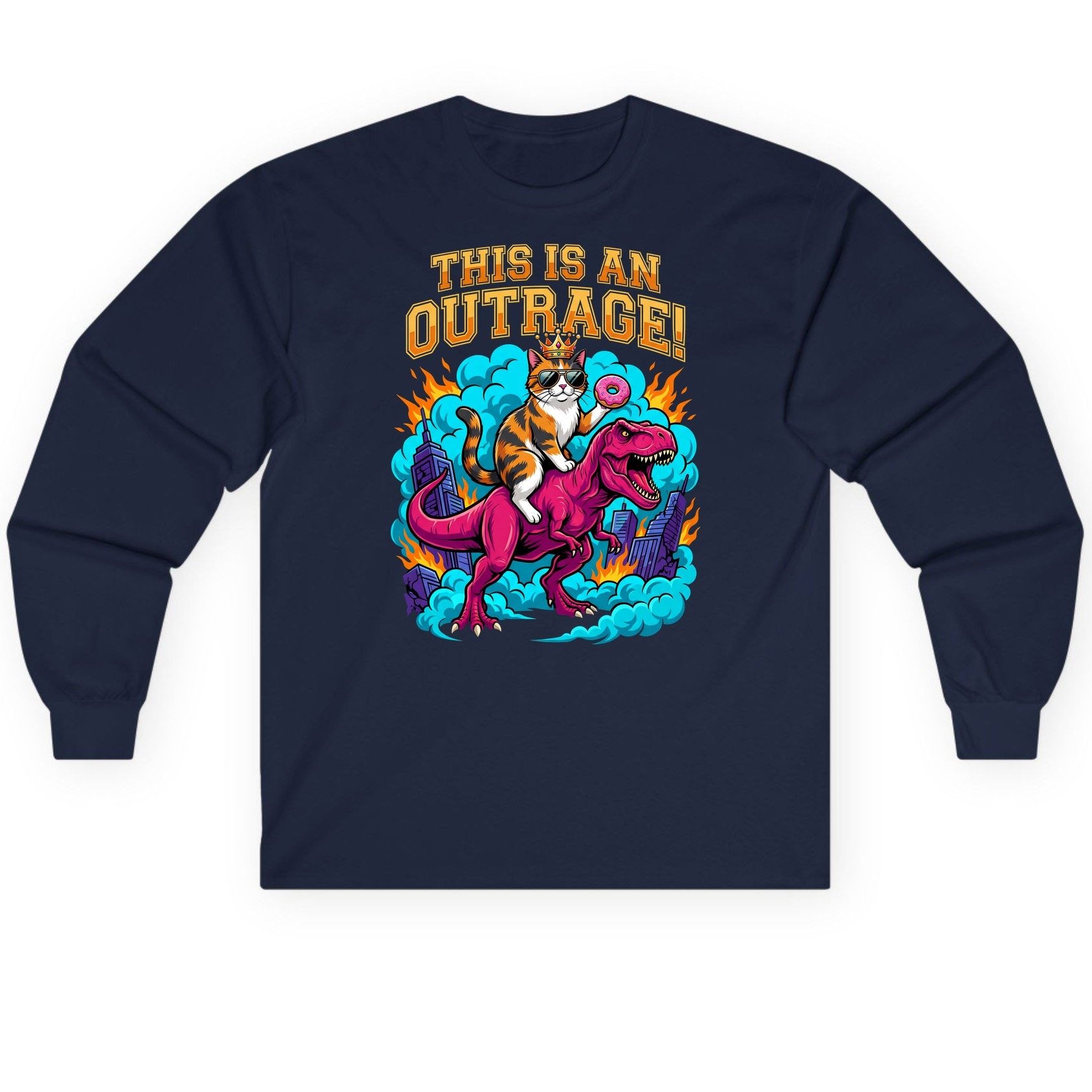 THIS IS AN OUTRAGE! Cat riding a T-Rex Long Sleeve Tee Navy product mockup