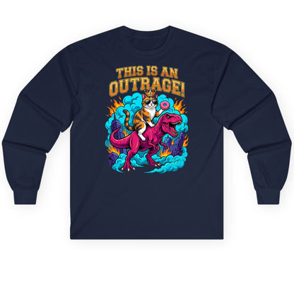 THIS IS AN OUTRAGE! Cat riding a T-Rex Long Sleeve Tee Navy product mockup