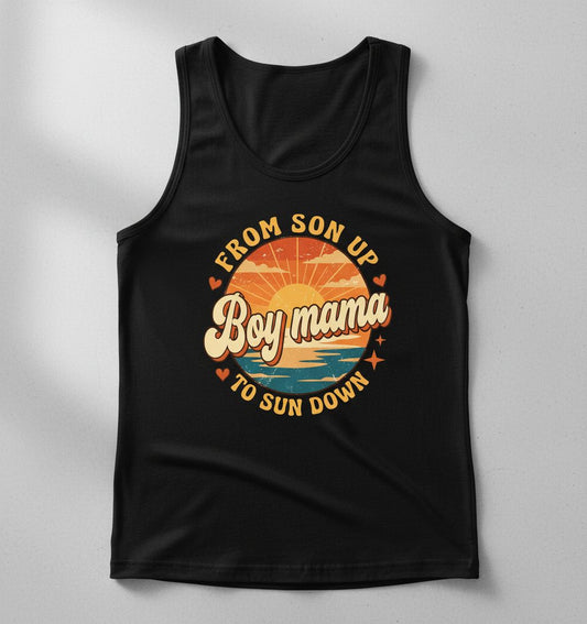 From Son Up to Sun Down Boy Mama Retro Mothers of Sons Tank Top - product mockup - Black