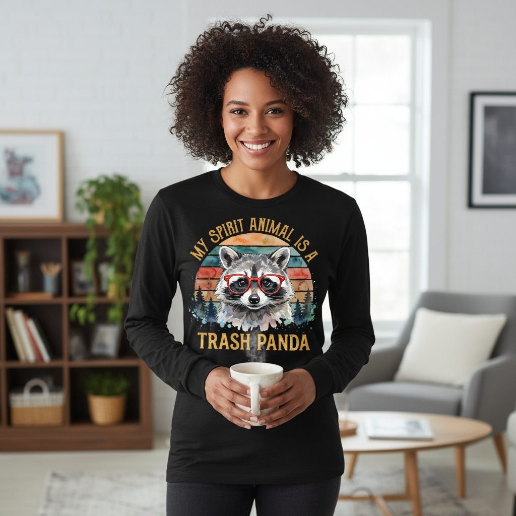 My Spirit Animal Is a Trash Panda raccoon Long Sleeve Tee Black lifestyle mockup