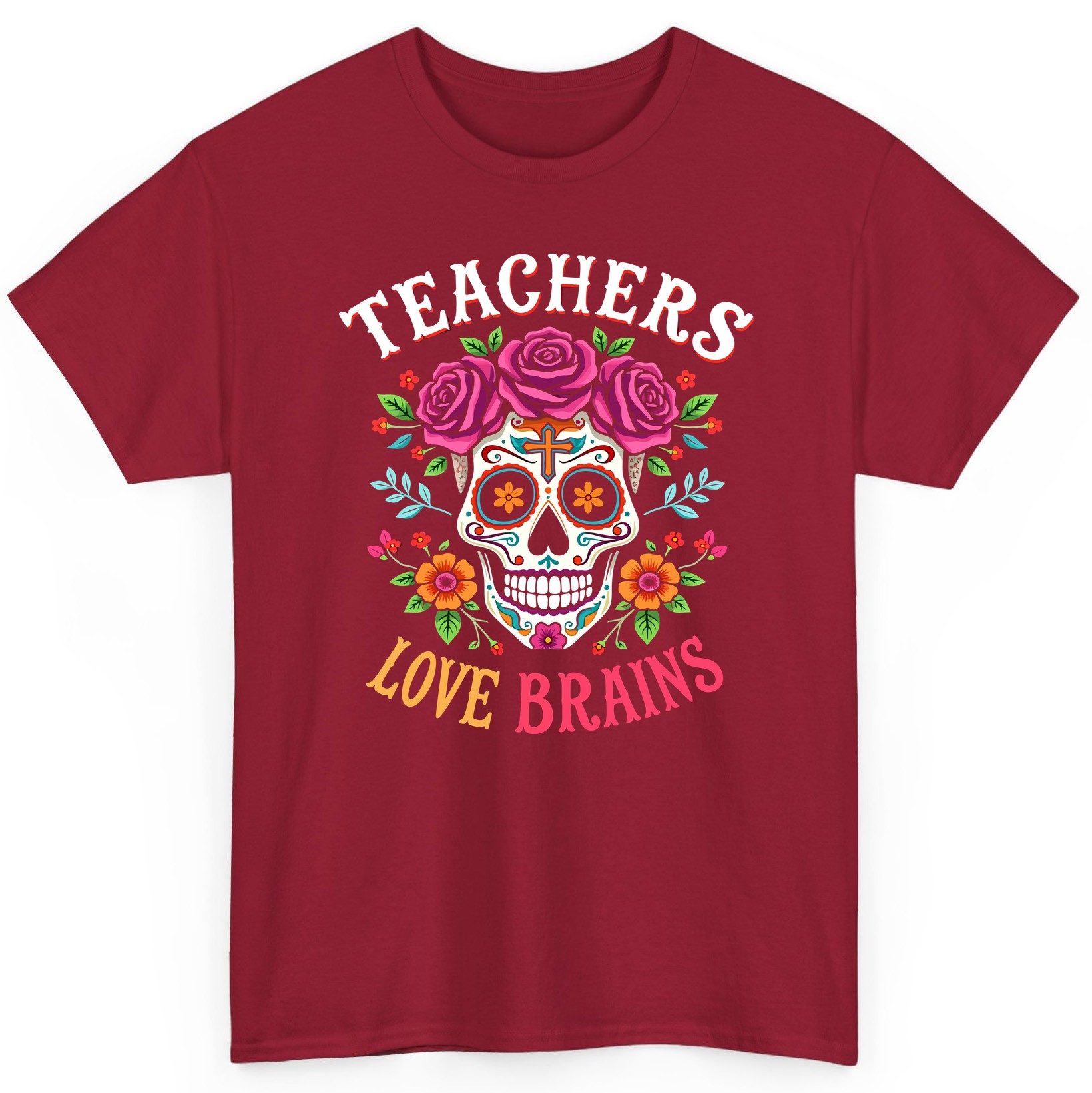 Teachers Love Brains teacher T-Shirt Cardinal Red product mockup