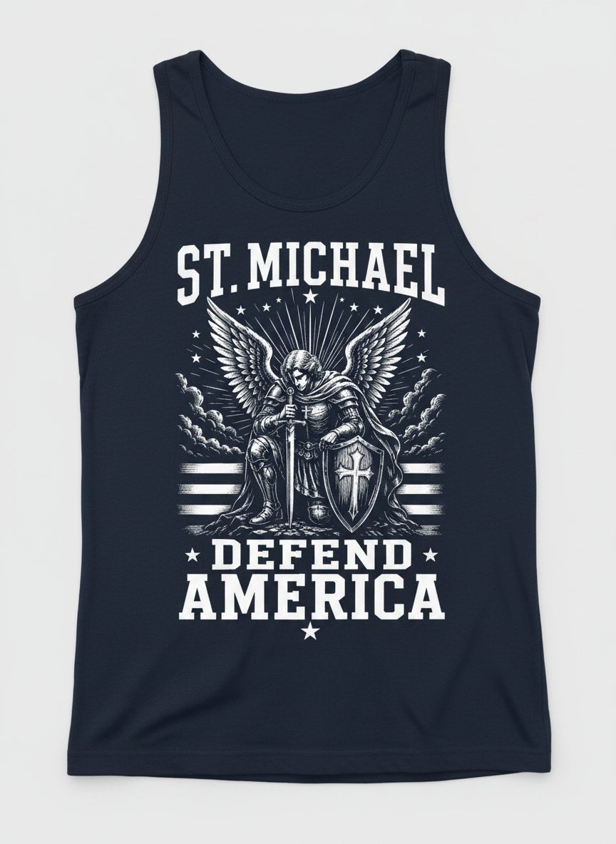 St Michael Defend America Patriotic Christian Tank Top - product mockup - Navy