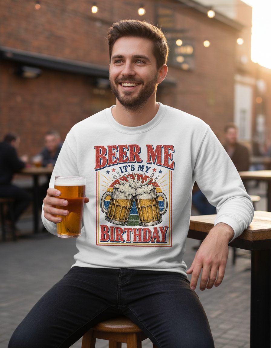Beer Me It's My Birthday Funny Celebrants Sweatshirt - lifestyle model mockup - White