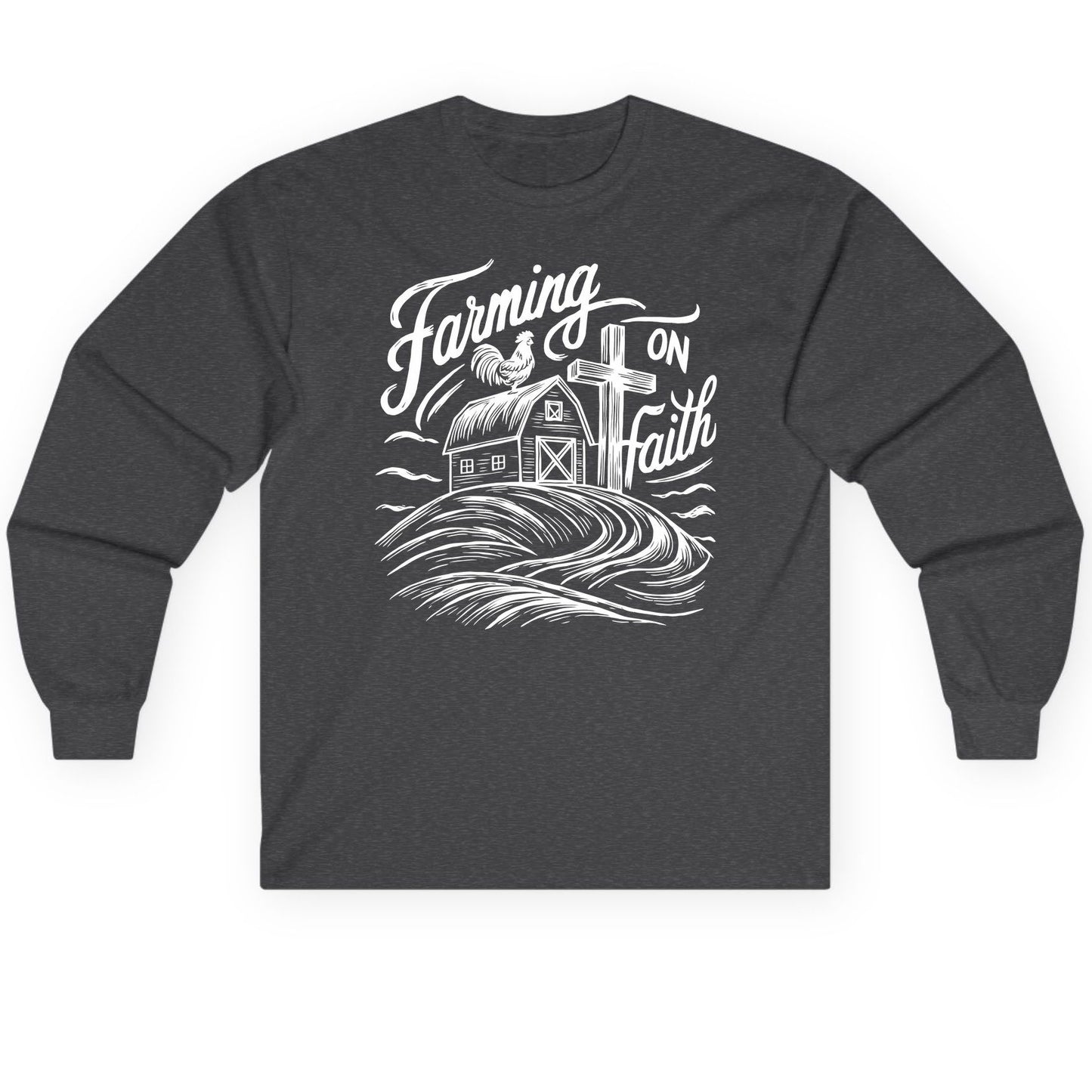 Farming on Faith christian farming Long Sleeve Tee Dark Heather product mockup
