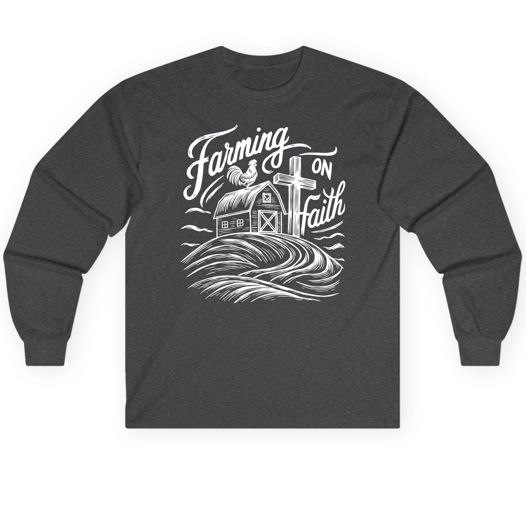 Farming on Faith christian farming Long Sleeve Tee Dark Heather product mockup