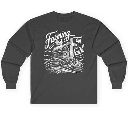 Farming on Faith christian farming Long Sleeve Tee Dark Heather product mockup