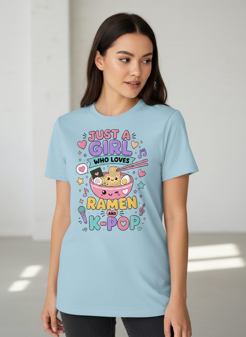Just a Girl Who Loves Ramen and K-Pop Fans T-Shirt - product mockup - Light Blue