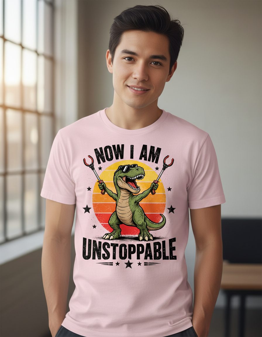Now I Am Unstoppable Funny Tyrannosaurus Rex T-Shirt - product mockup - Light Pink