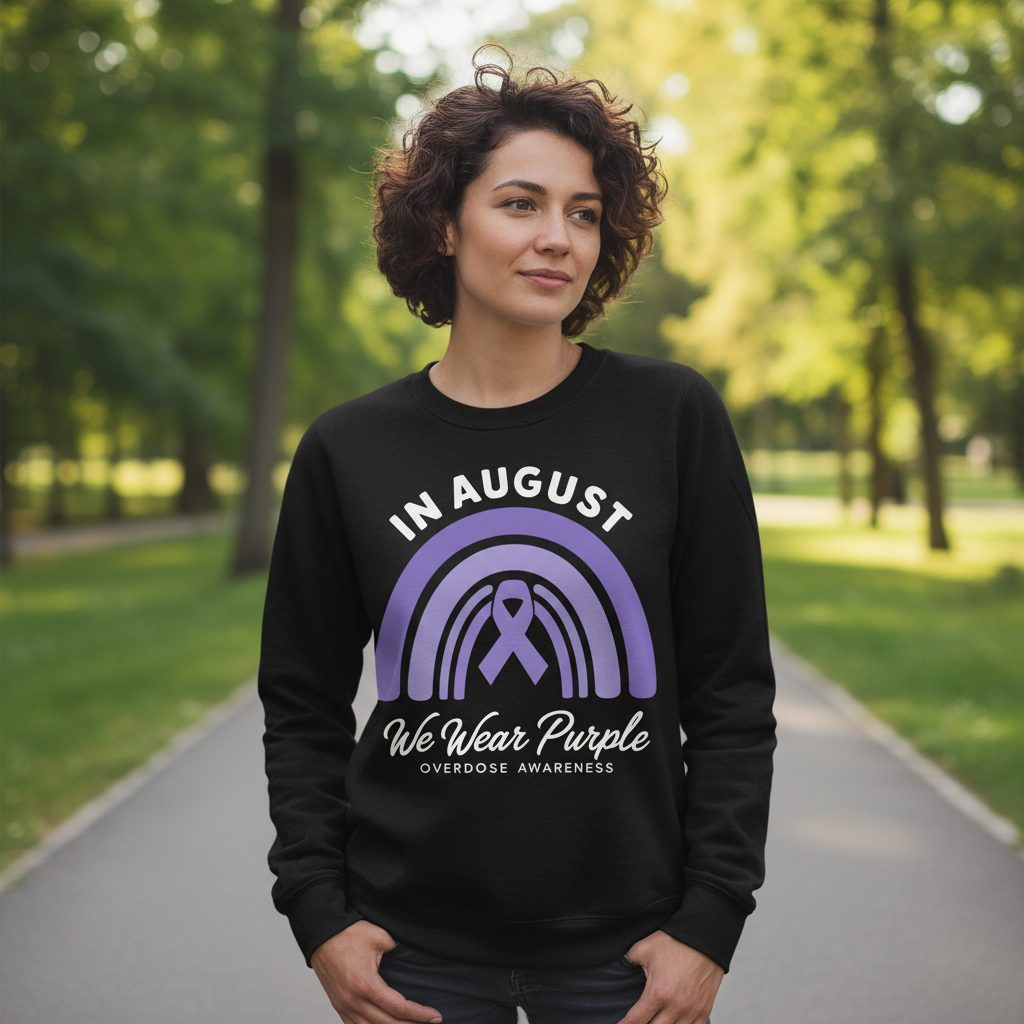 In August We Wear Purple Overdose Awareness overdose awareness Sweatshirt Black lifestyle mockup