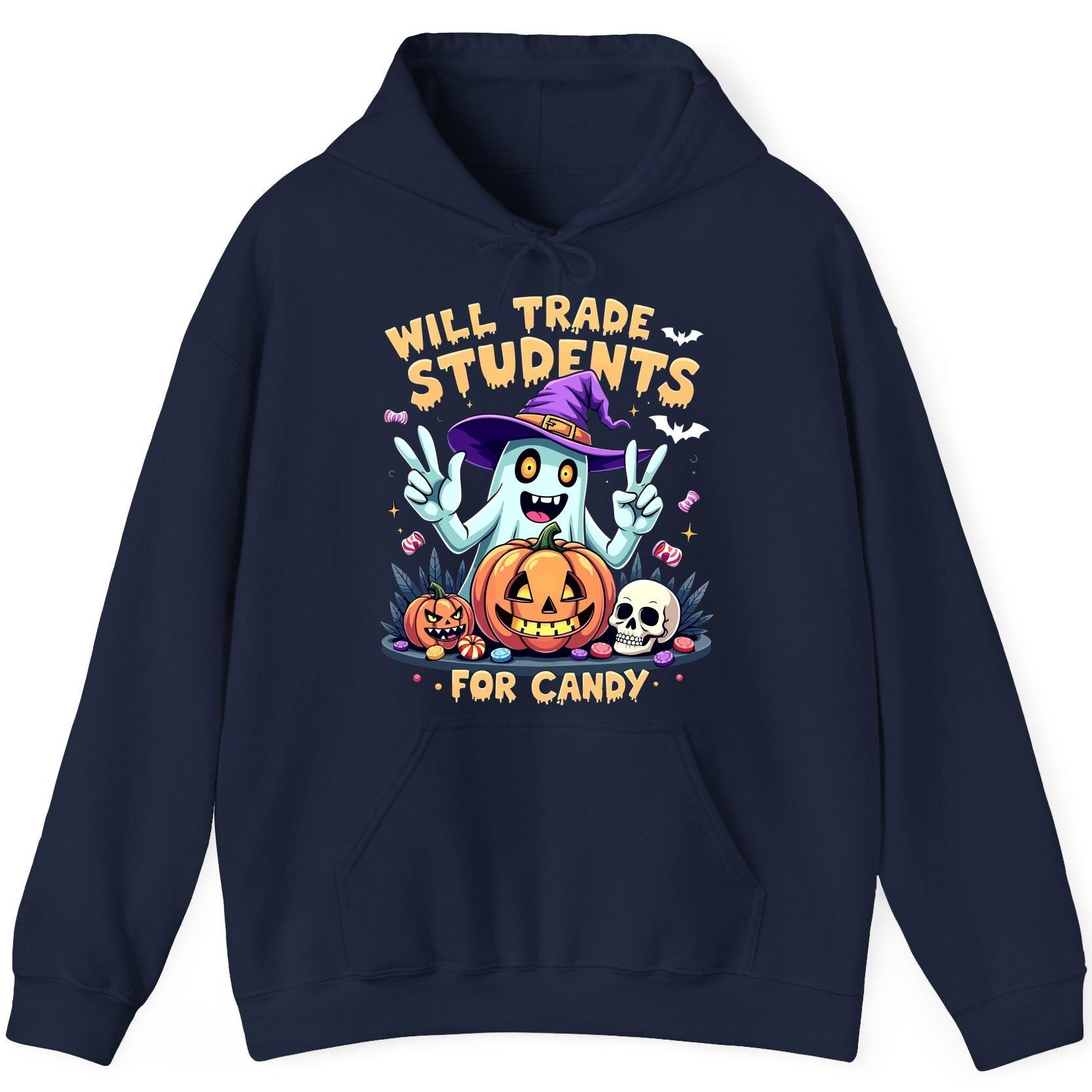 Will Trade Students for Candy teacher humor Hoodie Navy product mockup