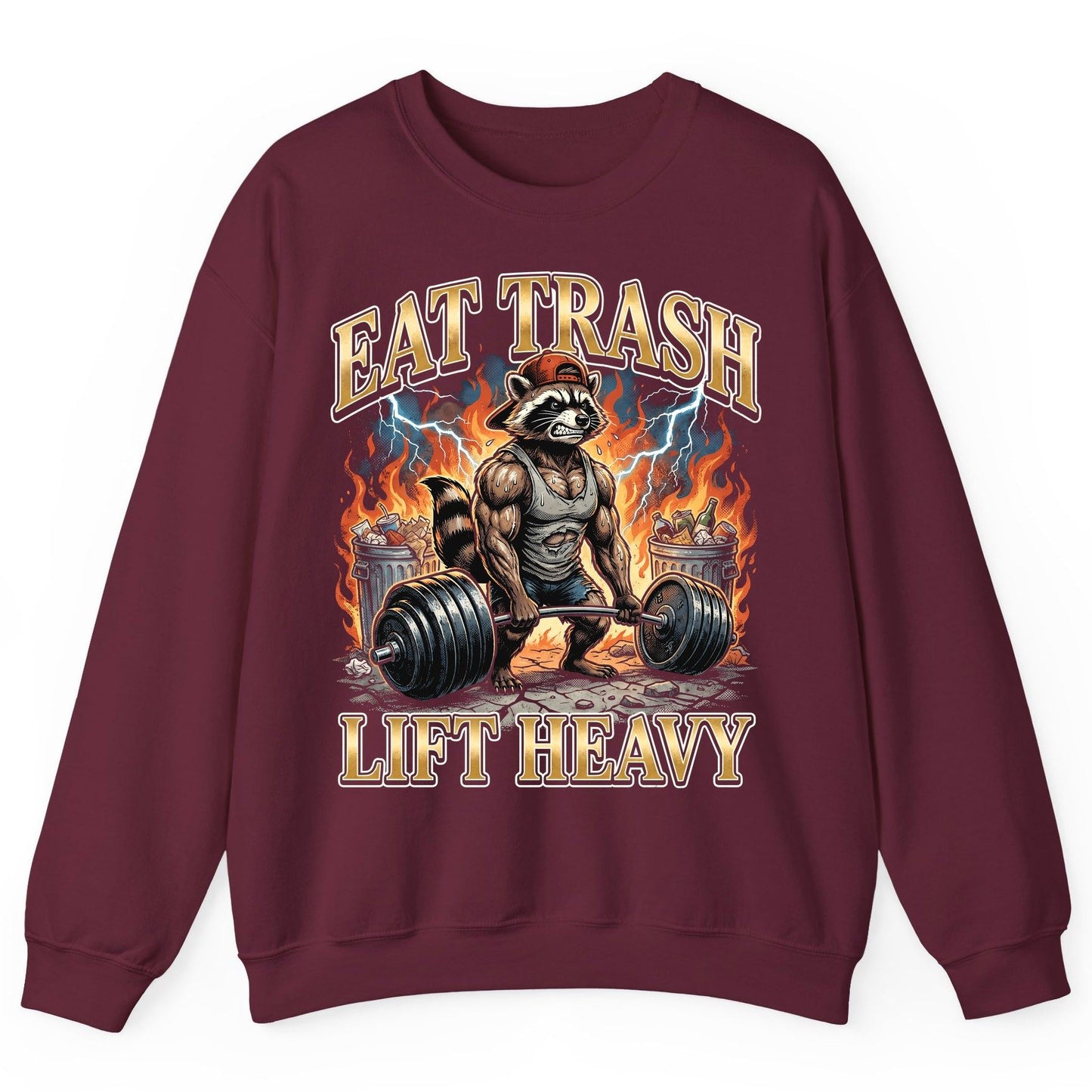Eat Trash Lift Heavy raccoon Sweatshirt Maroon product mockup