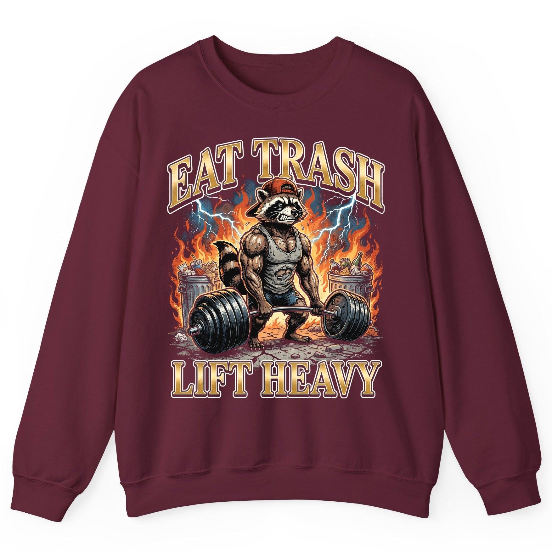 Eat Trash Lift Heavy raccoon Sweatshirt Maroon product mockup