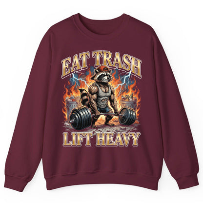 Eat Trash Lift Heavy raccoon Sweatshirt Maroon product mockup