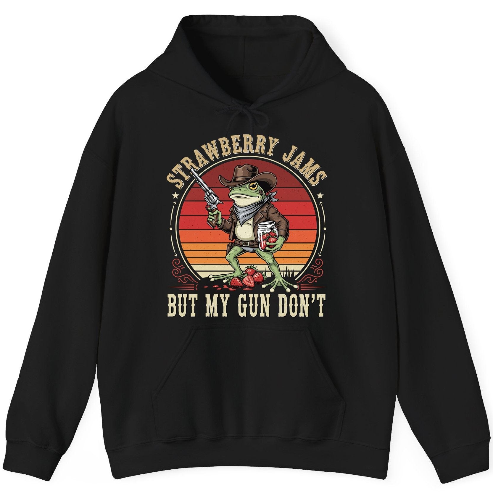 Strawberry Jams but My Gun Don't cowboy frog Hoodie Black product mockup