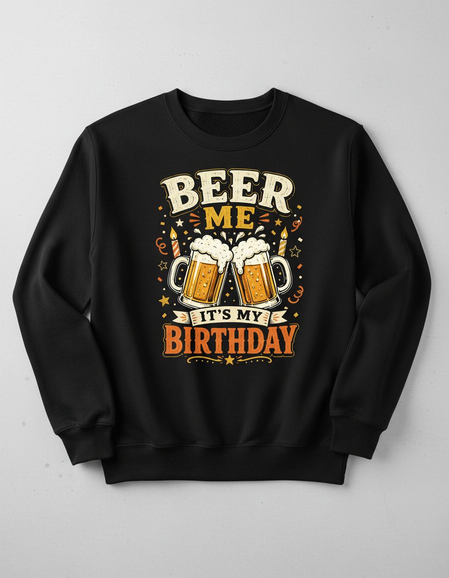 Beer Me It's My Birthday Funny Sweatshirt - product mockup - Black